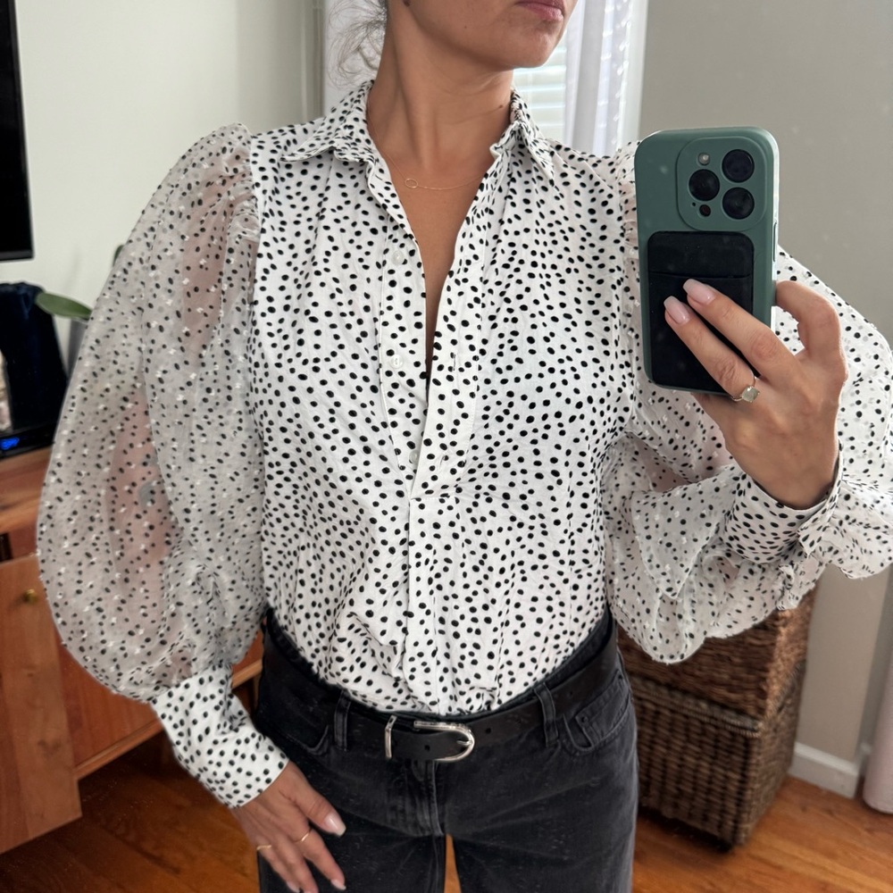 Topshop White Blouse with Black Polka Dots